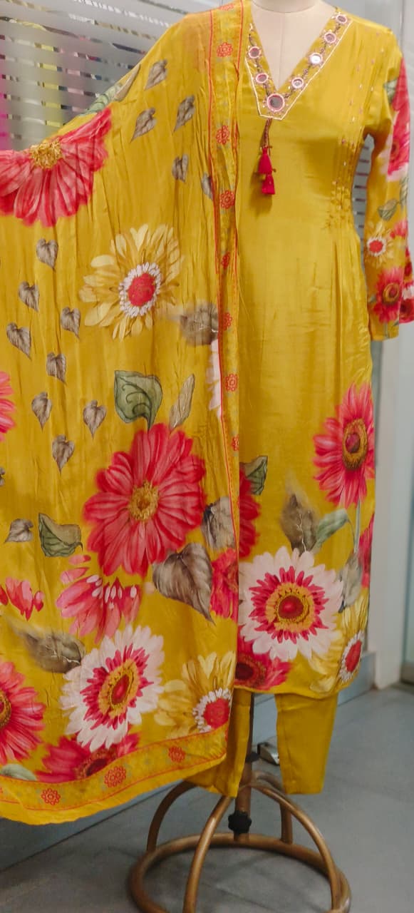 Glass Neck Real Mirror Elegance Floral Bloom Full Suit Set With Dupatta In Crepe Fabric- 11721, 11722