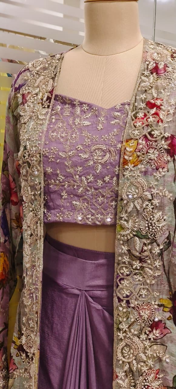 Heavy Handworked Digital Floral Print Shrug With Buster & Plain Drape Skirt- 11752, 11750