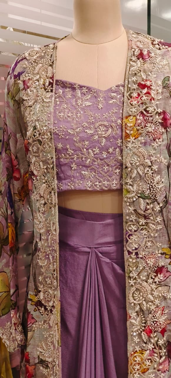 Heavy Handworked Digital Floral Print Shrug With Buster & Plain Drape Skirt- 11752, 11750