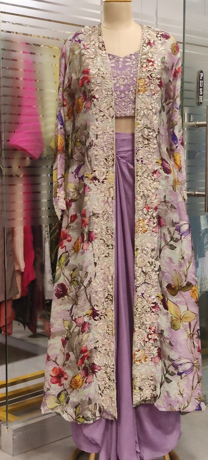 Heavy Handworked Digital Floral Print Shrug With Buster & Plain Drape Skirt- 11752, 11750