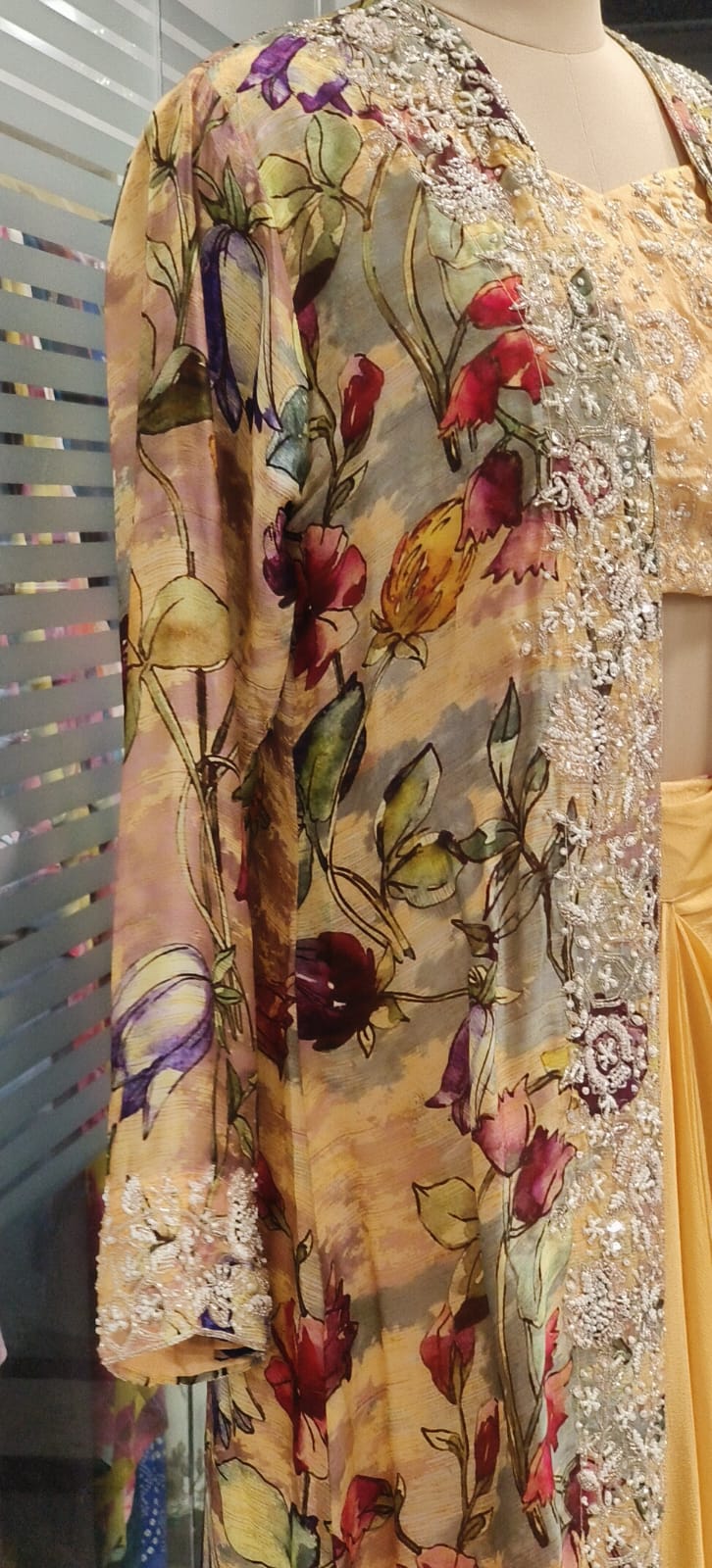 Heavy Handworked Digital Floral Print Shrug With Buster & Plain Drape Skirt- 11752, 11750