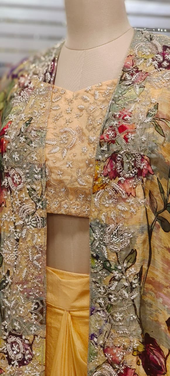 Heavy Handworked Digital Floral Print Shrug With Buster & Plain Drape Skirt- 11752, 11750