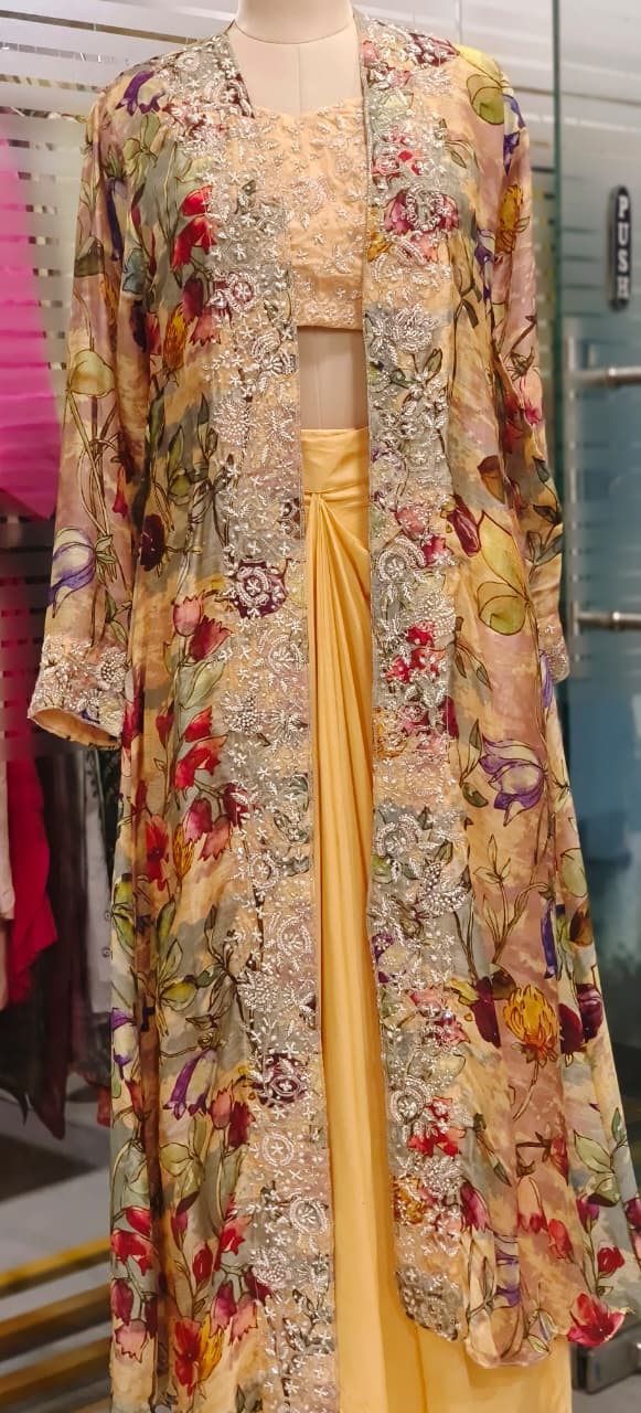 Heavy Handworked Digital Floral Print Shrug With Buster & Plain Drape Skirt- 11752, 11750