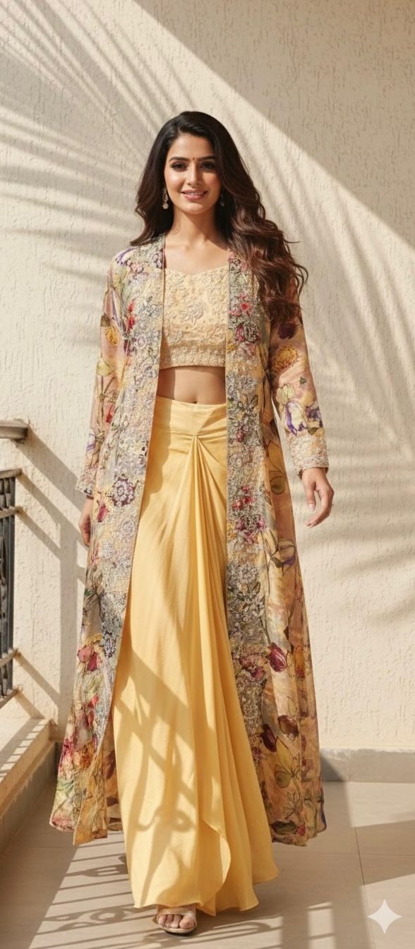 Heavy Handworked Digital Floral Print Shrug With Buster & Plain Drape Skirt- 11752, 11750