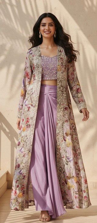 Heavy Handworked Digital Floral Print Shrug With Buster & Plain Drape Skirt- 11752, 11750
