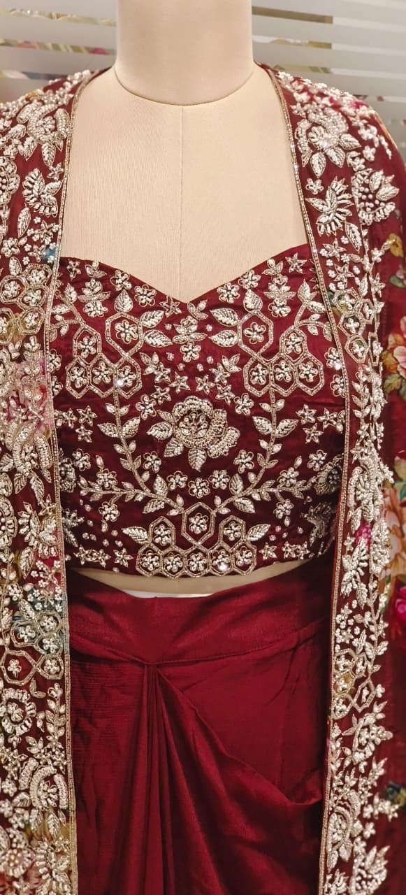 Cut Dana Beads Embellished Heavy Handwork Floral Printed Shrug With Crop Top & Drape Skirt- 11753, 11751, 11749