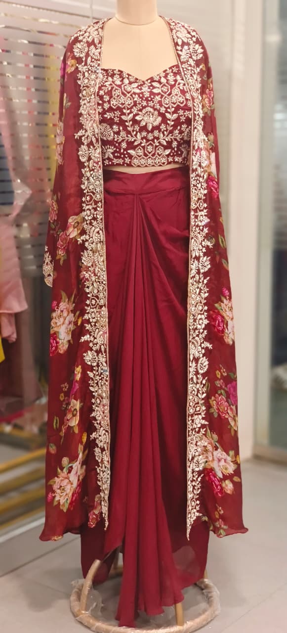 Cut Dana Beads Embellished Heavy Handwork Floral Printed Shrug With Crop Top & Drape Skirt- 11753, 11751, 11749