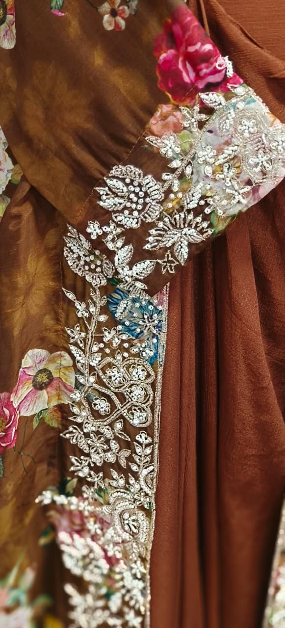 Cut Dana Beads Embellished Heavy Handwork Floral Printed Shrug With Crop Top & Drape Skirt- 11753, 11751, 11749
