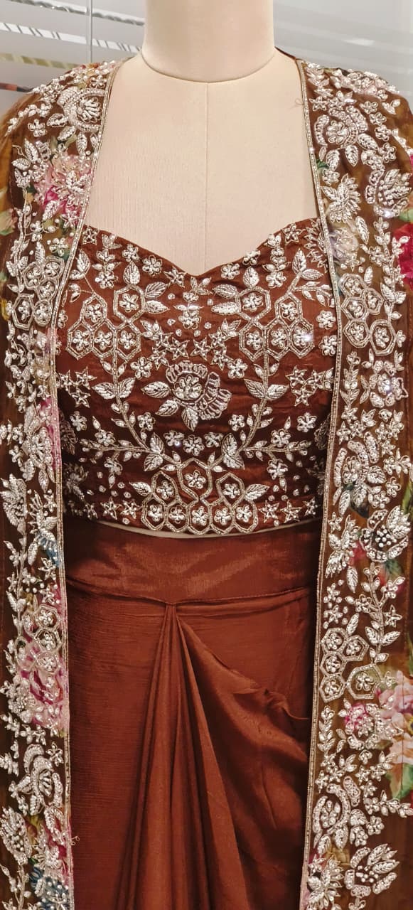 Cut Dana Beads Embellished Heavy Handwork Floral Printed Shrug With Crop Top & Drape Skirt- 11753, 11751, 11749