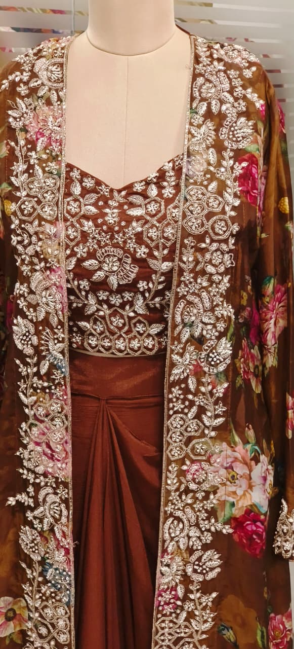 Cut Dana Beads Embellished Heavy Handwork Floral Printed Shrug With Crop Top & Drape Skirt- 11753, 11751, 11749
