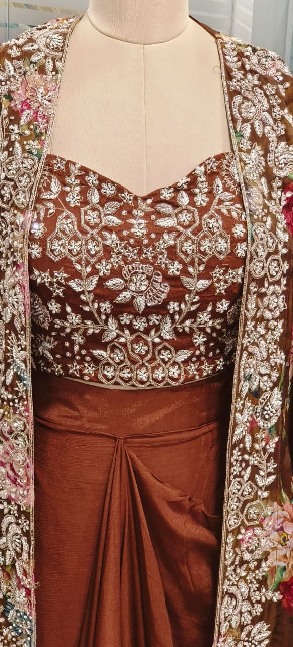 Cut Dana Beads Embellished Heavy Handwork Floral Printed Shrug With Crop Top & Drape Skirt- 11753, 11751, 11749