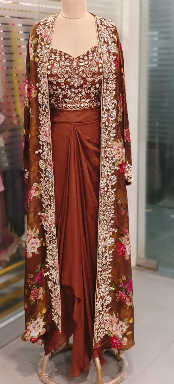 Cut Dana Beads Embellished Heavy Handwork Floral Printed Shrug With Crop Top & Drape Skirt- 11753, 11751, 11749