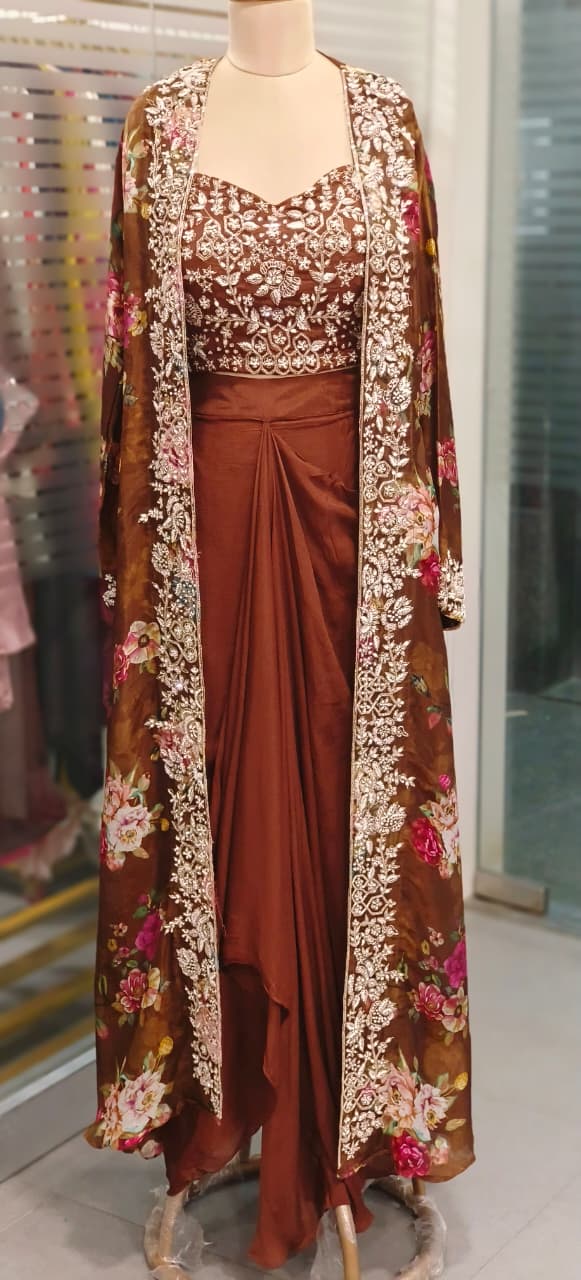 Cut Dana Beads Embellished Heavy Handwork Floral Printed Shrug With Crop Top & Drape Skirt- 11753, 11751, 11749