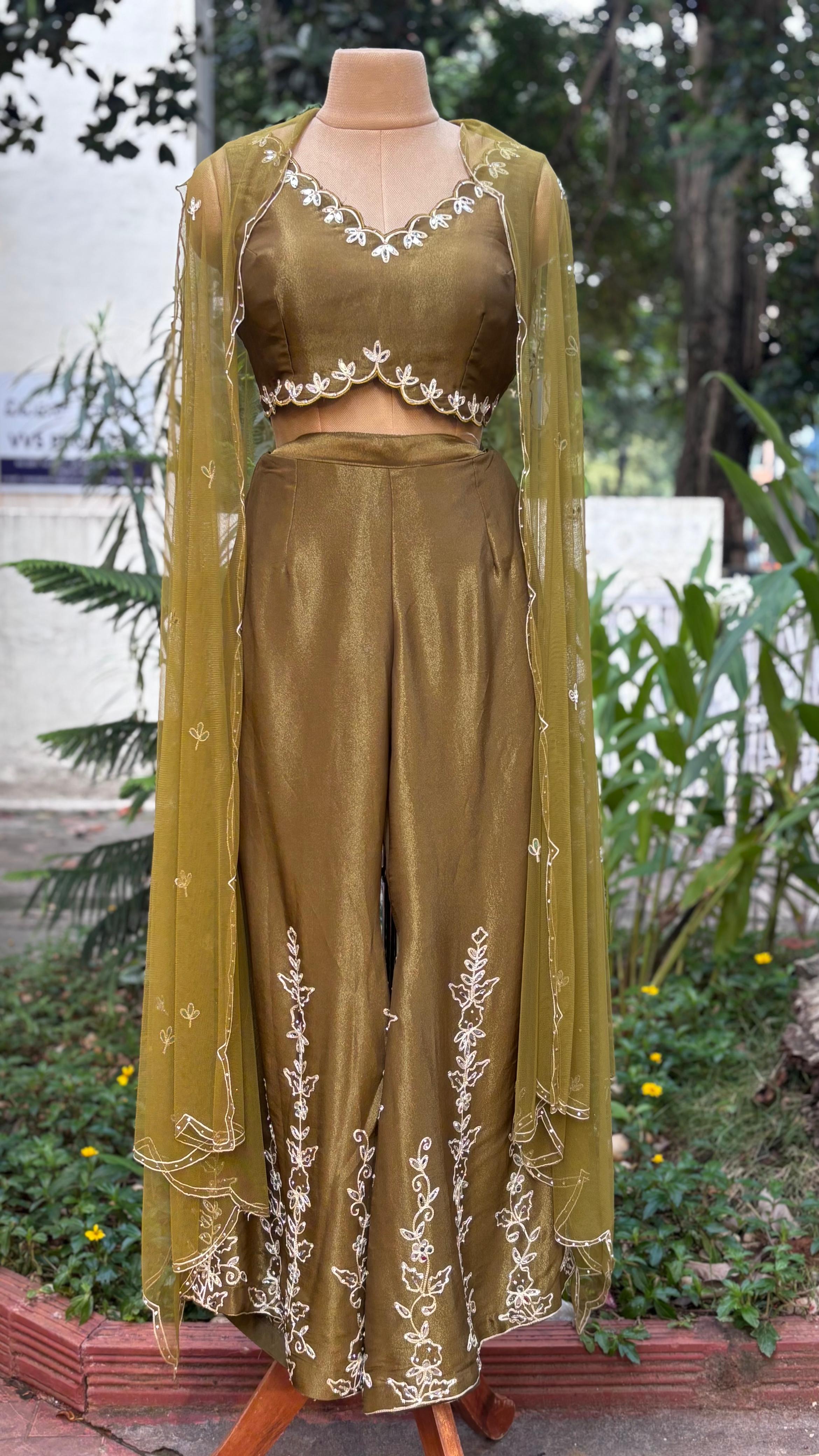 Real Mirror Thread Ensemble Cut Work Blouse With Minimal Embroidered Loose Palazzo Bottom & Netted Dupatta In Tissue Fabric- 11476