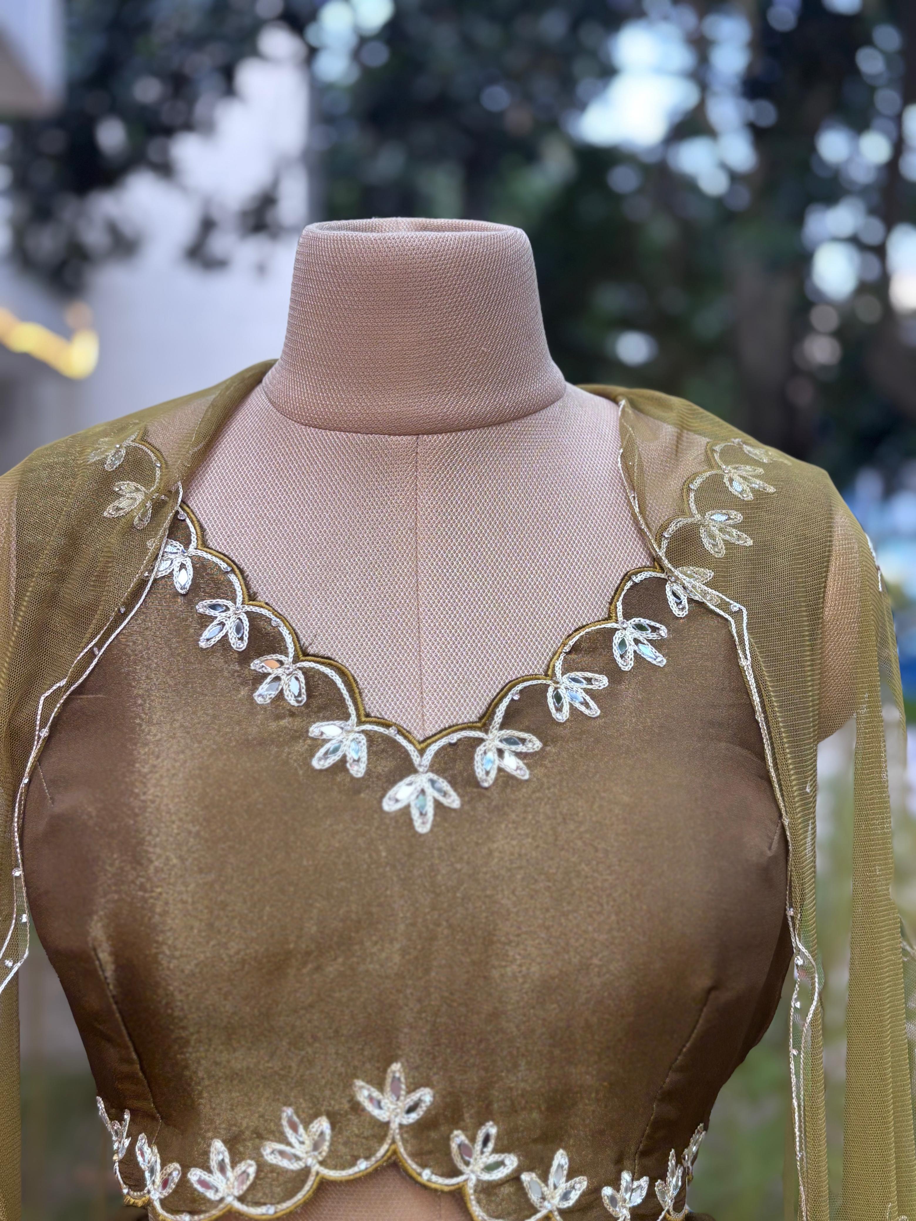Real Mirror Thread Ensemble Cut Work Blouse With Minimal Embroidered Loose Palazzo Bottom & Netted Dupatta In Tissue Fabric- 11476
