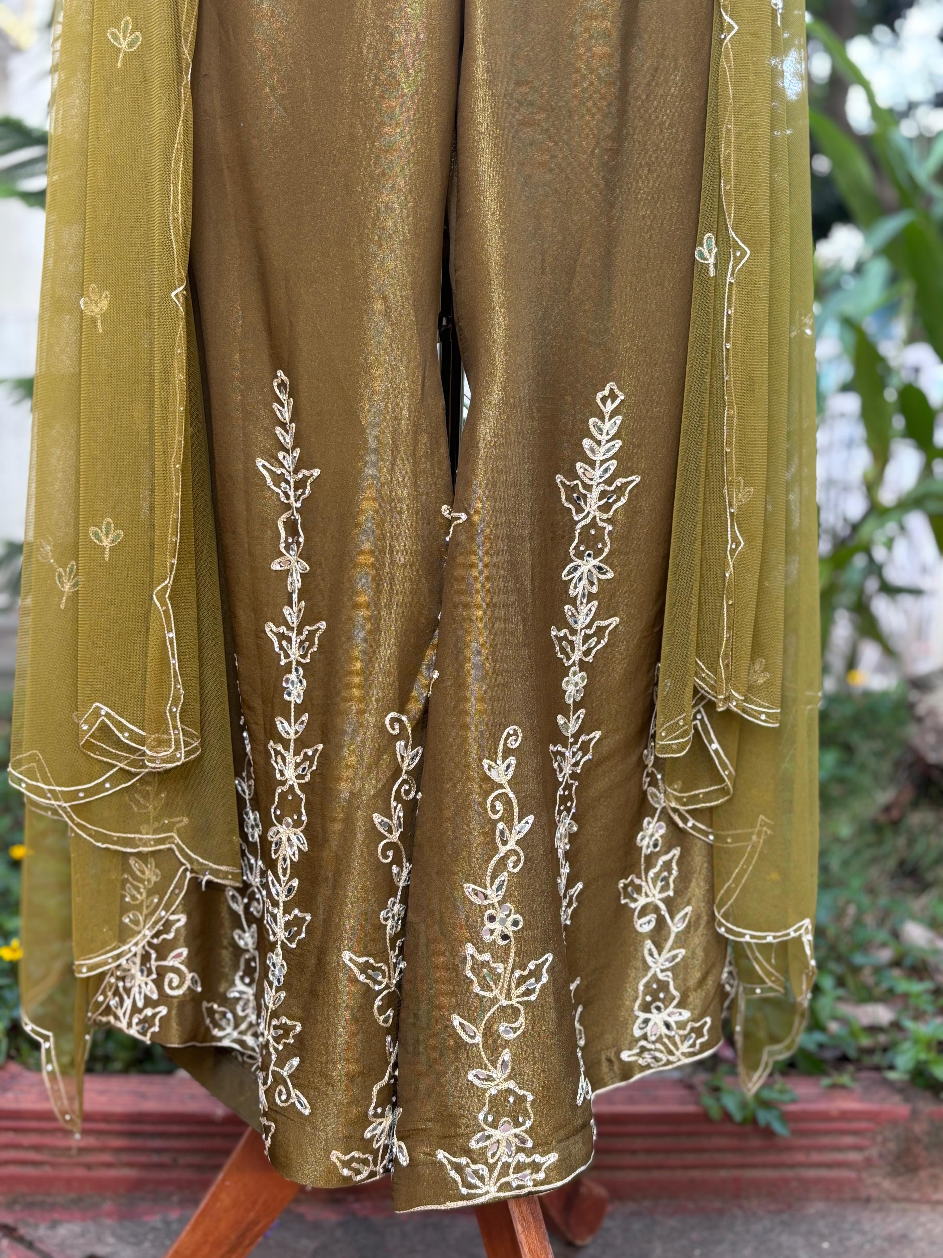 Real Mirror Thread Ensemble Cut Work Blouse With Minimal Embroidered Loose Palazzo Bottom & Netted Dupatta In Tissue Fabric- 11476