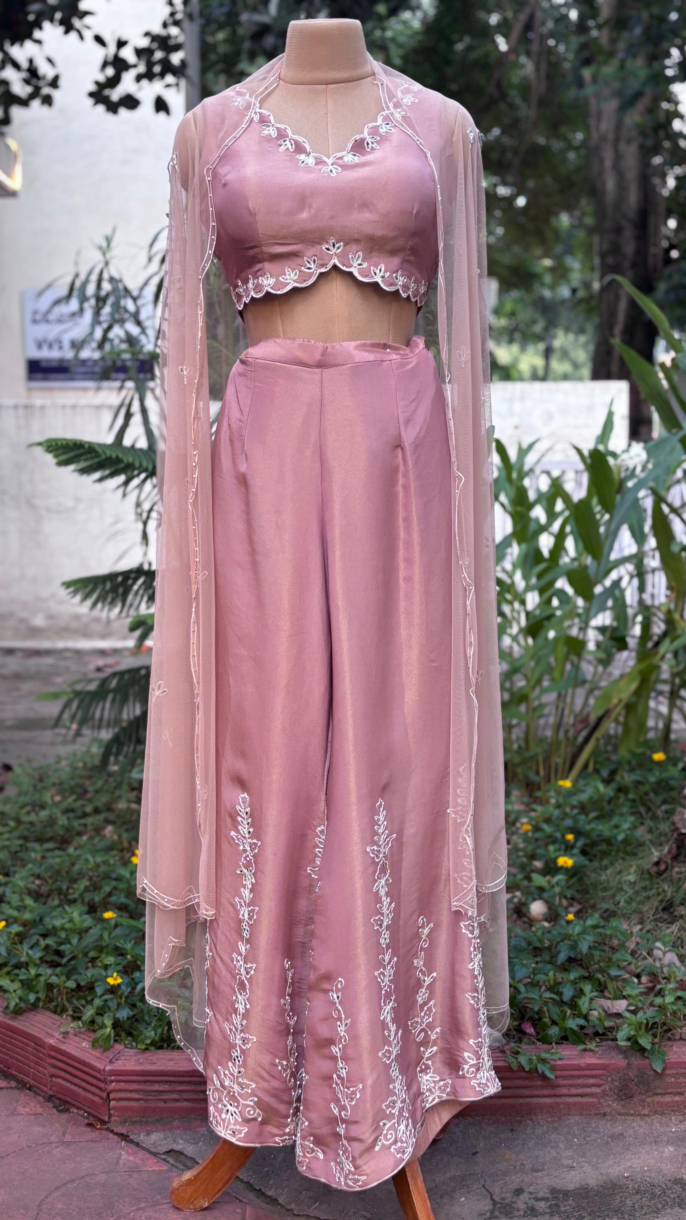 Real Mirror Thread Ensemble Cut Work Blouse With Minimal Embroidered Loose Palazzo Bottom & Netted Dupatta In Tissue Fabric- 11476