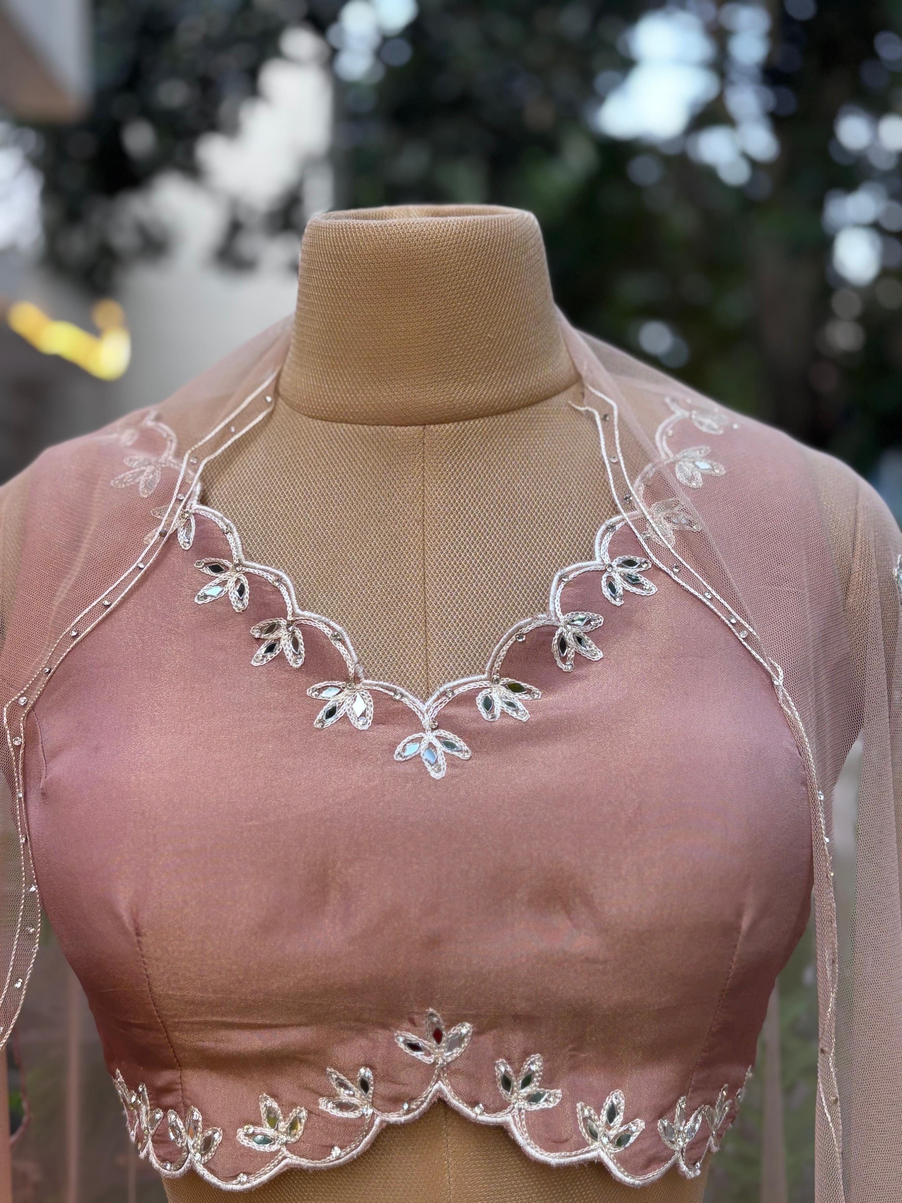 Real Mirror Thread Ensemble Cut Work Blouse With Minimal Embroidered Loose Palazzo Bottom & Netted Dupatta In Tissue Fabric- 11476