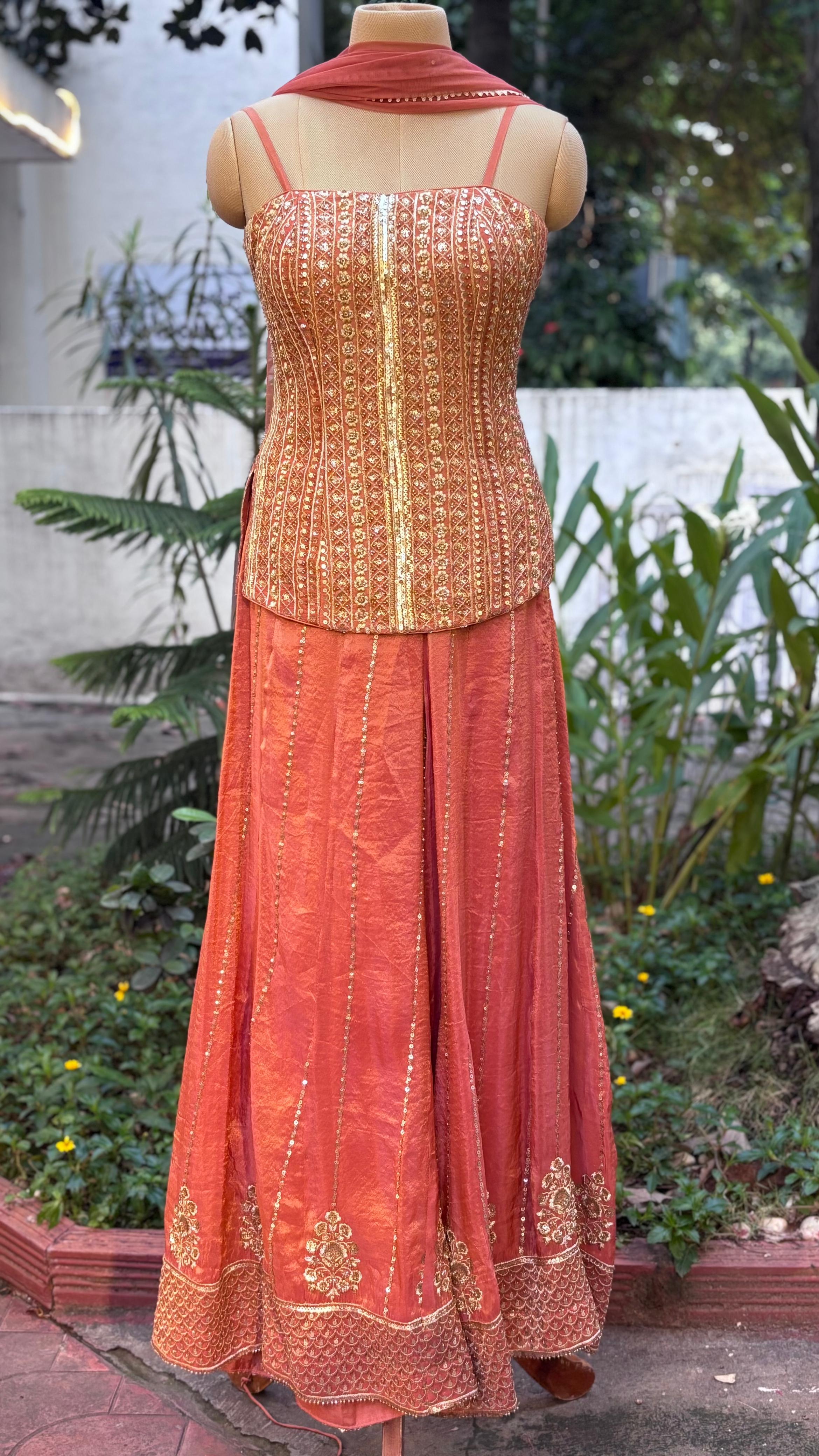 Heavily Designed Hand With Machine Work Sleeveless Short Length Kurta With Loose Panel Palazzo In Tissue Fabric With Netted Dupatta- 11498