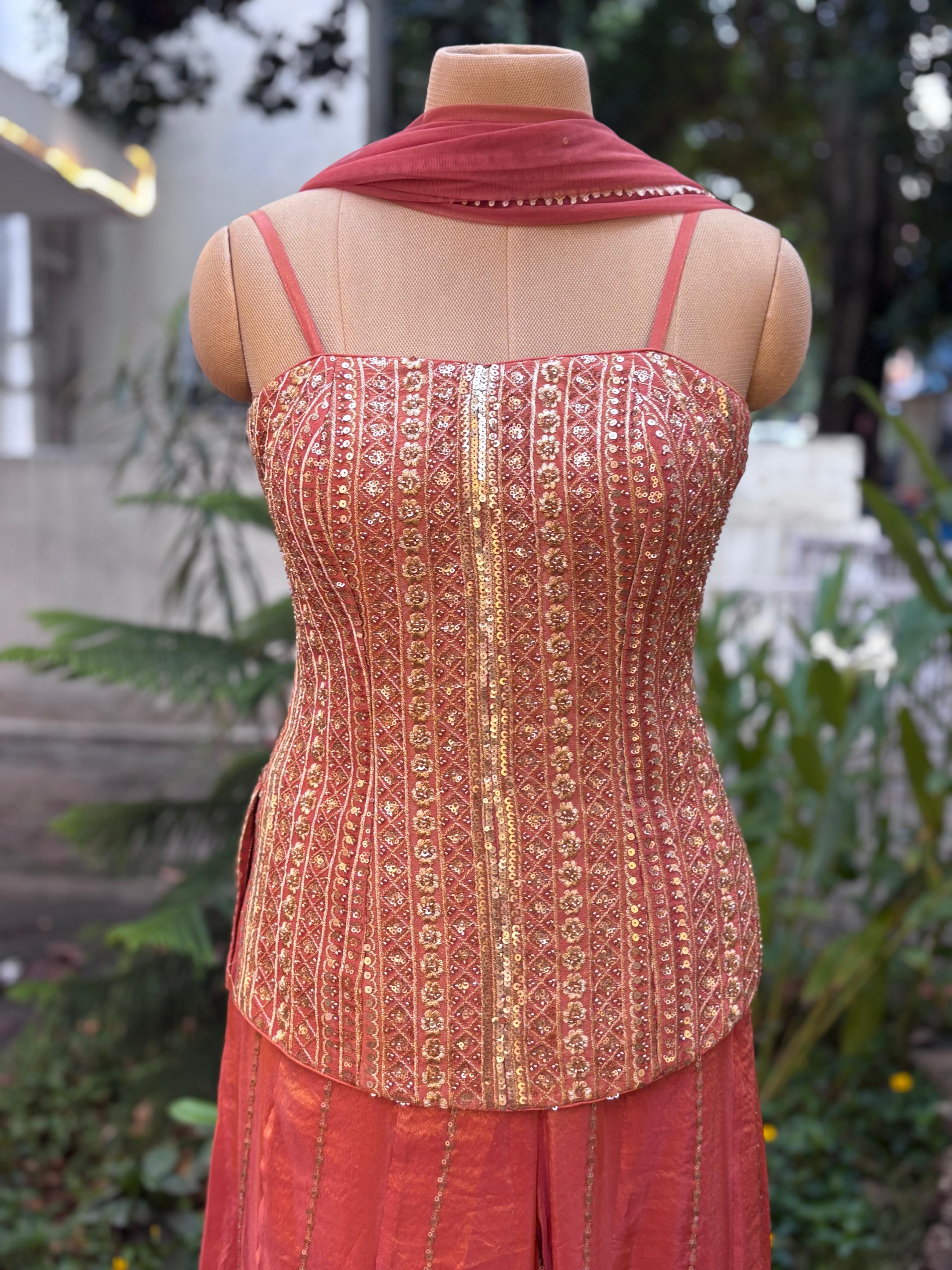 Heavily Designed Hand With Machine Work Sleeveless Short Length Kurta With Loose Panel Palazzo In Tissue Fabric With Netted Dupatta- 11498