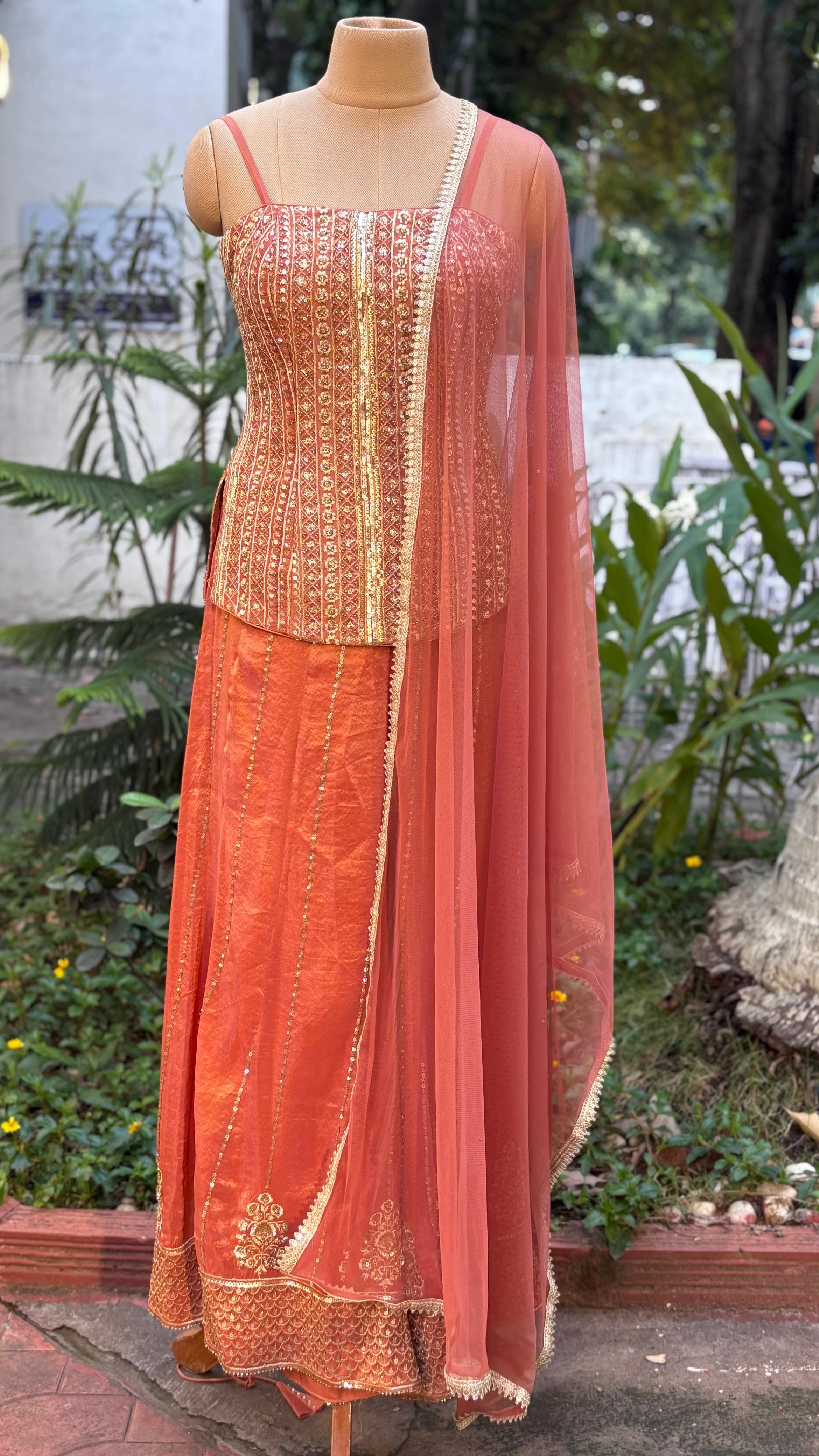 Heavily Designed Hand With Machine Work Sleeveless Short Length Kurta With Loose Panel Palazzo In Tissue Fabric With Netted Dupatta- 11498