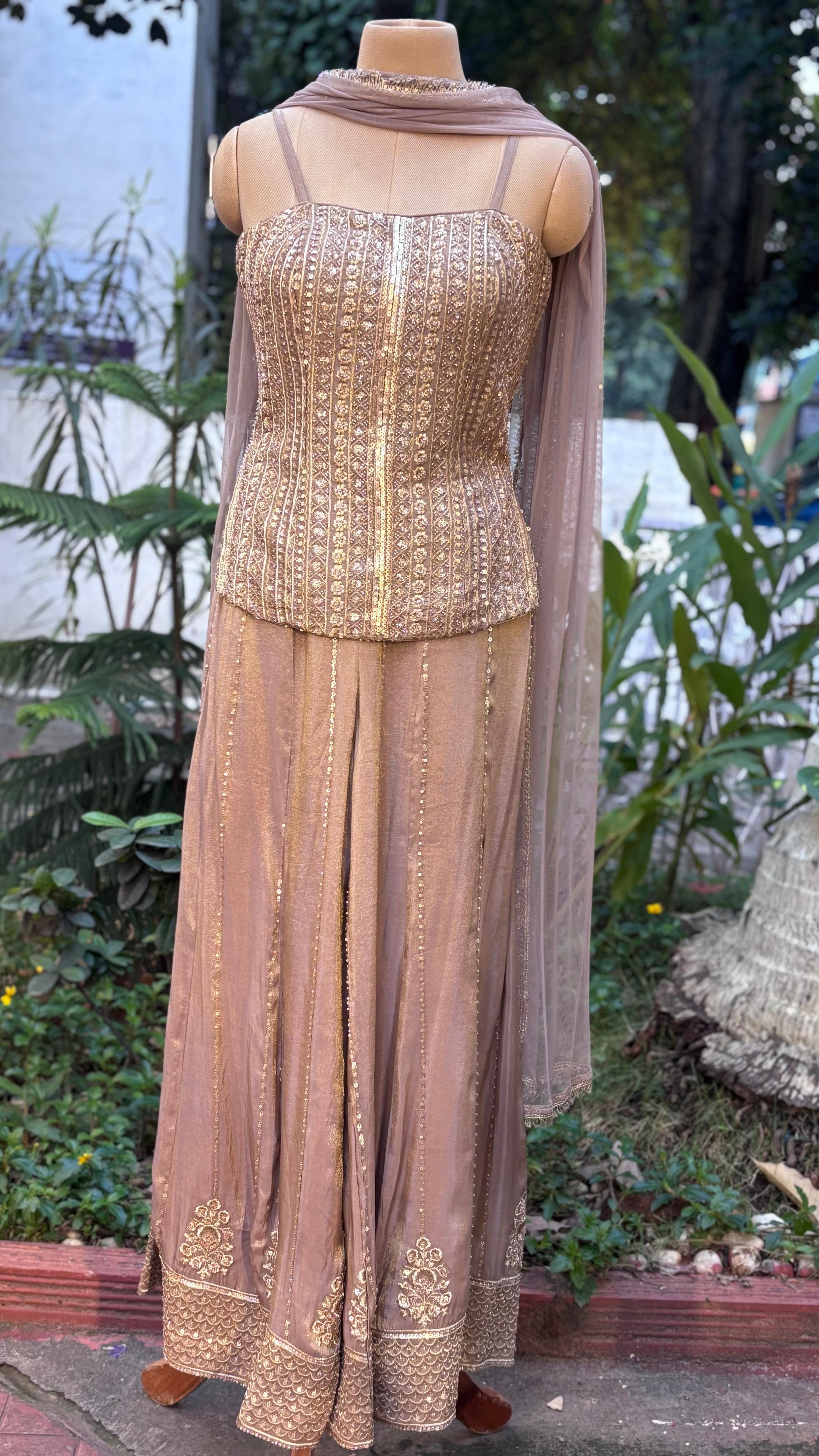 Heavily Designed Hand With Machine Work Sleeveless Short Length Kurta With Loose Panel Palazzo In Tissue Fabric With Netted Dupatta- 11498