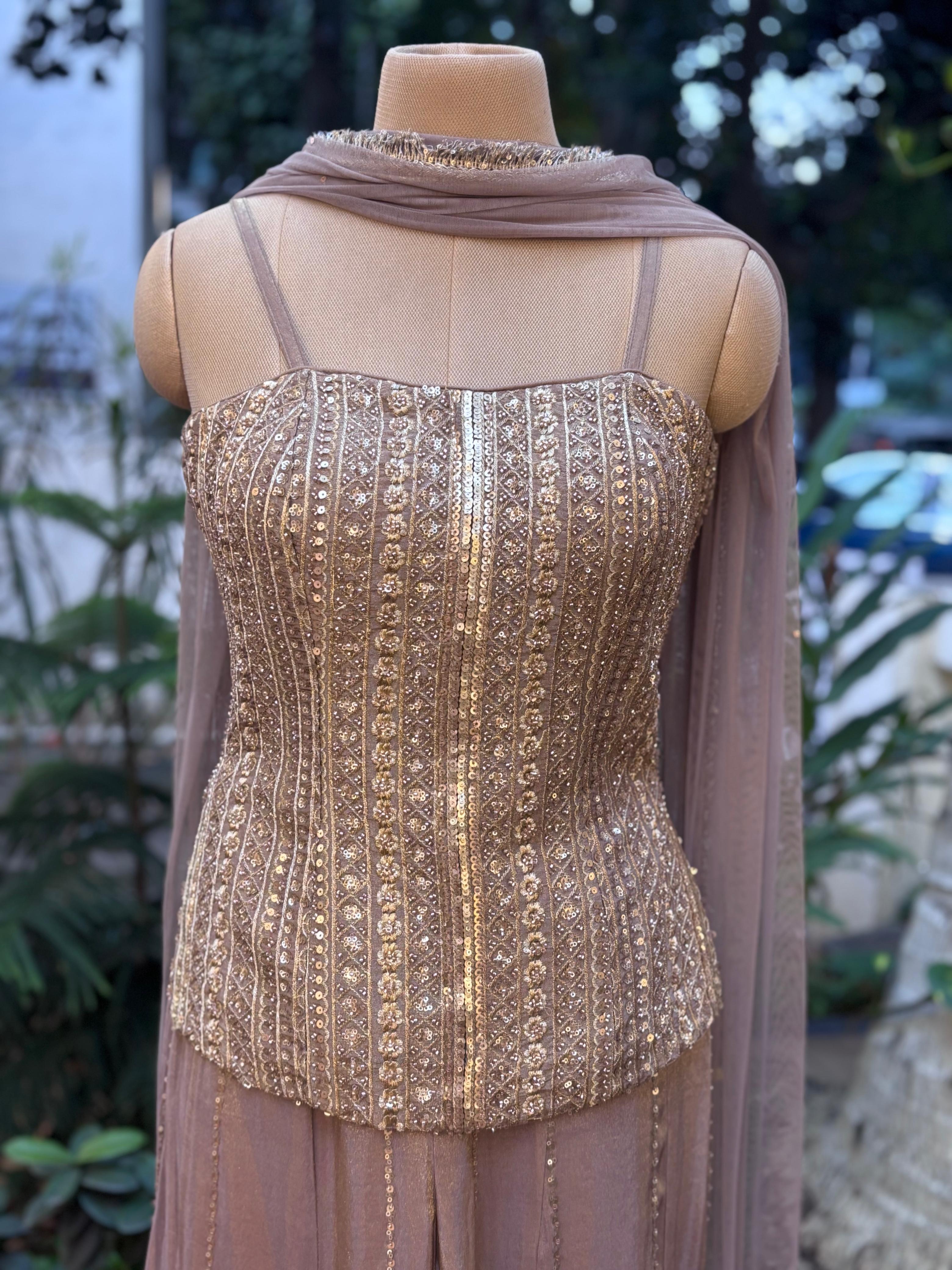 Heavily Designed Hand With Machine Work Sleeveless Short Length Kurta With Loose Panel Palazzo In Tissue Fabric With Netted Dupatta- 11498