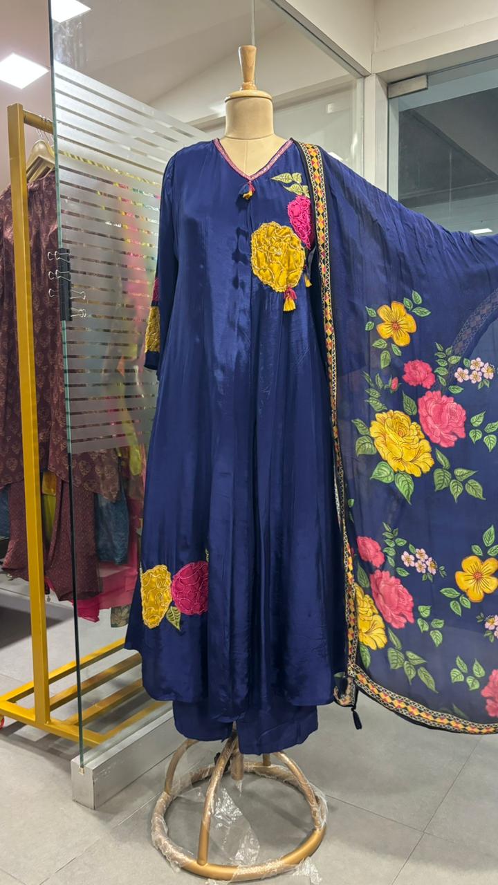 Floral Embroidered Work V-Neck Tassel A-Line Full Suit Set With Dupatta In Crepe Fabric- 11965, 11966