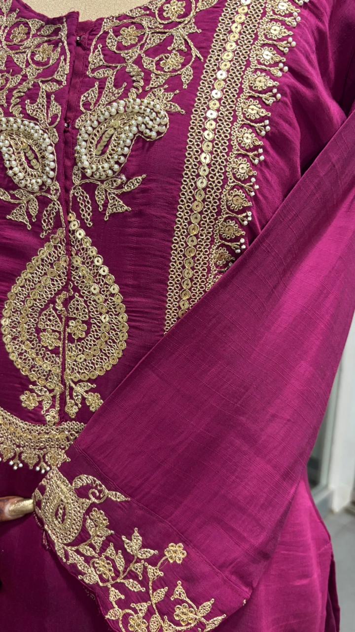 Silk Mulchanderi Beautiful Handwork Look Placement Yoke Full Suit Set With Dupatta & Worked Palazzo Bottom In Dola Silk Fabric- 11948, 11949, 11950