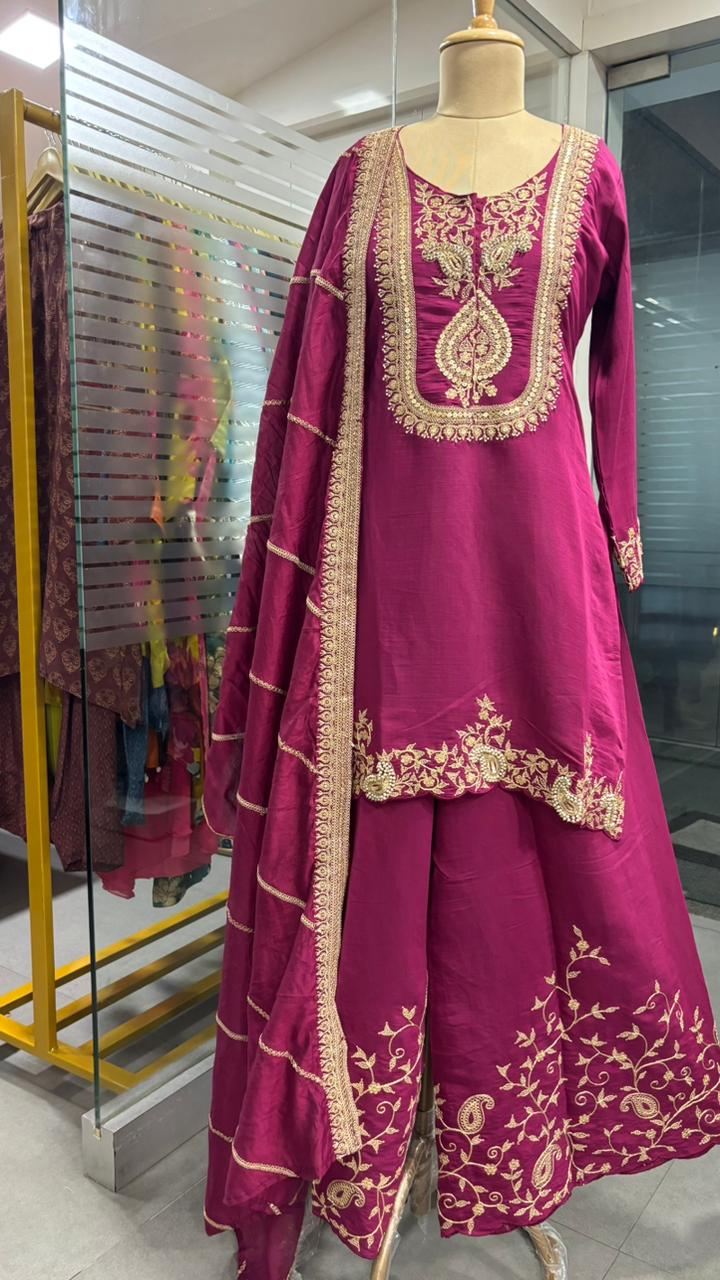 Silk Mulchanderi Beautiful Handwork Look Placement Yoke Full Suit Set With Dupatta & Worked Palazzo Bottom In Dola Silk Fabric- 11948, 11949, 11950