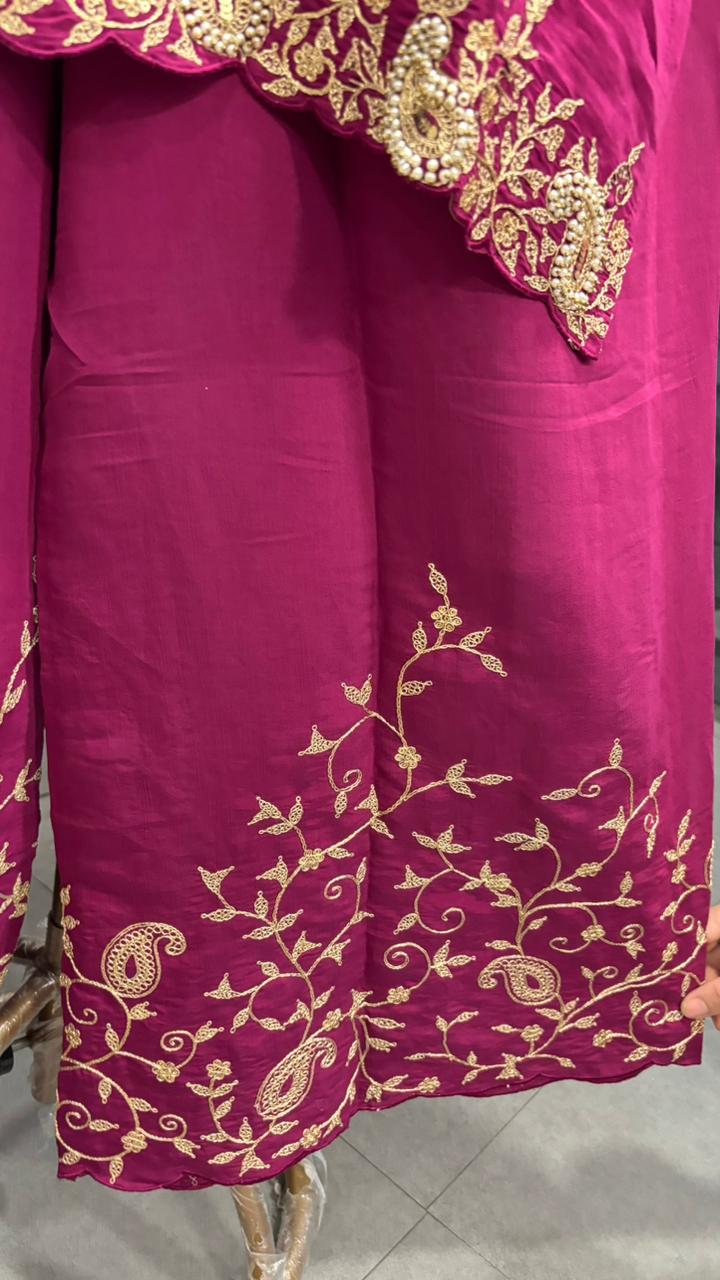 Silk Mulchanderi Beautiful Handwork Look Placement Yoke Full Suit Set With Dupatta & Worked Palazzo Bottom In Dola Silk Fabric- 11948, 11949, 11950