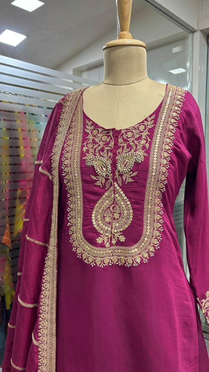 Silk Mulchanderi Beautiful Handwork Look Placement Yoke Full Suit Set With Dupatta & Worked Palazzo Bottom In Dola Silk Fabric- 11948, 11949, 11950