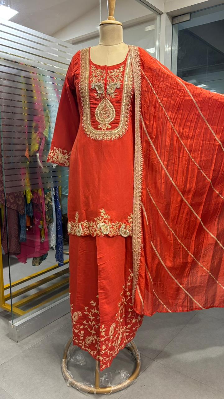 Silk Mulchanderi Beautiful Handwork Look Placement Yoke Full Suit Set With Dupatta & Worked Palazzo Bottom In Dola Silk Fabric- 11948, 11949, 11950