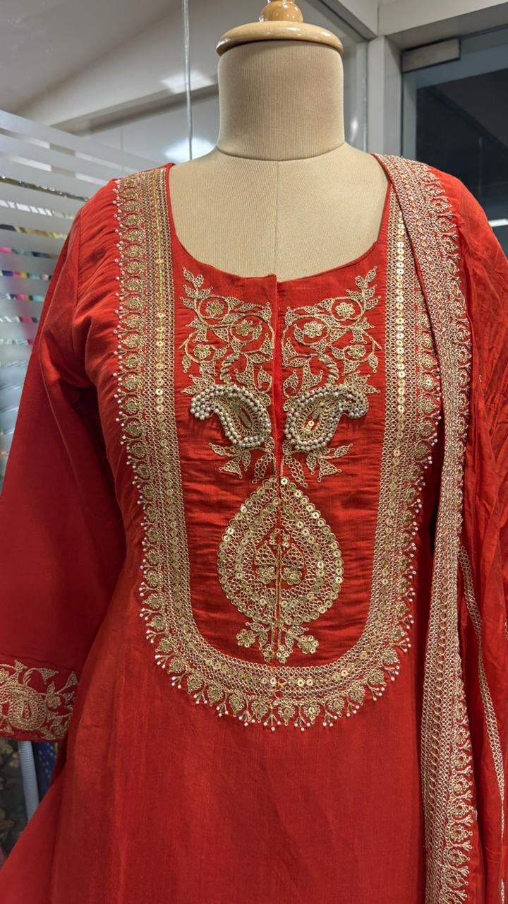 Silk Mulchanderi Beautiful Handwork Look Placement Yoke Full Suit Set With Dupatta & Worked Palazzo Bottom In Dola Silk Fabric- 11948, 11949, 11950