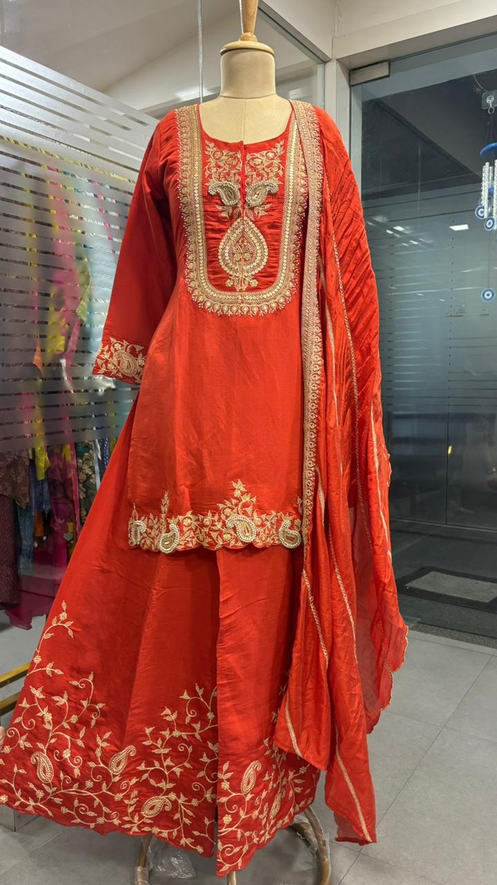 Silk Mulchanderi Beautiful Handwork Look Placement Yoke Full Suit Set With Dupatta & Worked Palazzo Bottom In Dola Silk Fabric- 11948, 11949, 11950