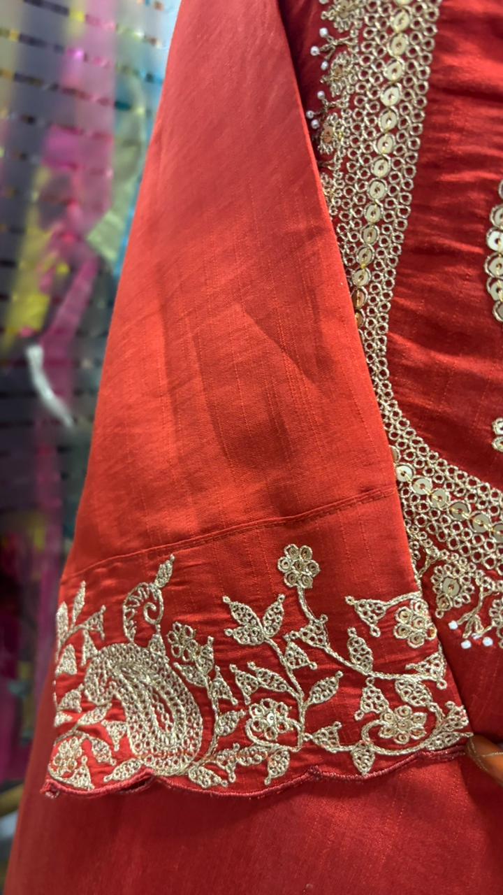 Silk Mulchanderi Beautiful Handwork Look Placement Yoke Full Suit Set With Dupatta & Worked Palazzo Bottom In Dola Silk Fabric- 11948, 11949, 11950