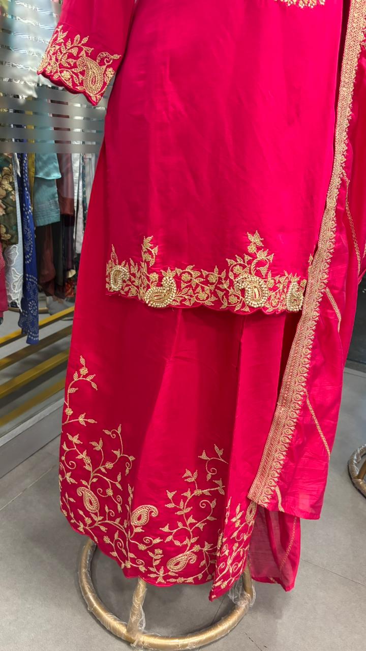 Silk Mulchanderi Beautiful Handwork Look Placement Yoke Full Suit Set With Dupatta & Worked Palazzo Bottom In Dola Silk Fabric- 11948, 11949, 11950