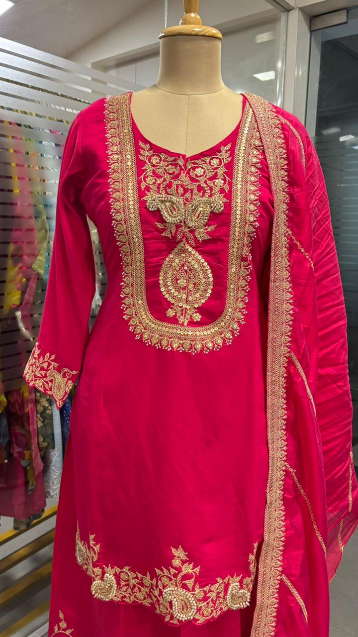 Silk Mulchanderi Beautiful Handwork Look Placement Yoke Full Suit Set With Dupatta & Worked Palazzo Bottom In Dola Silk Fabric- 11948, 11949, 11950