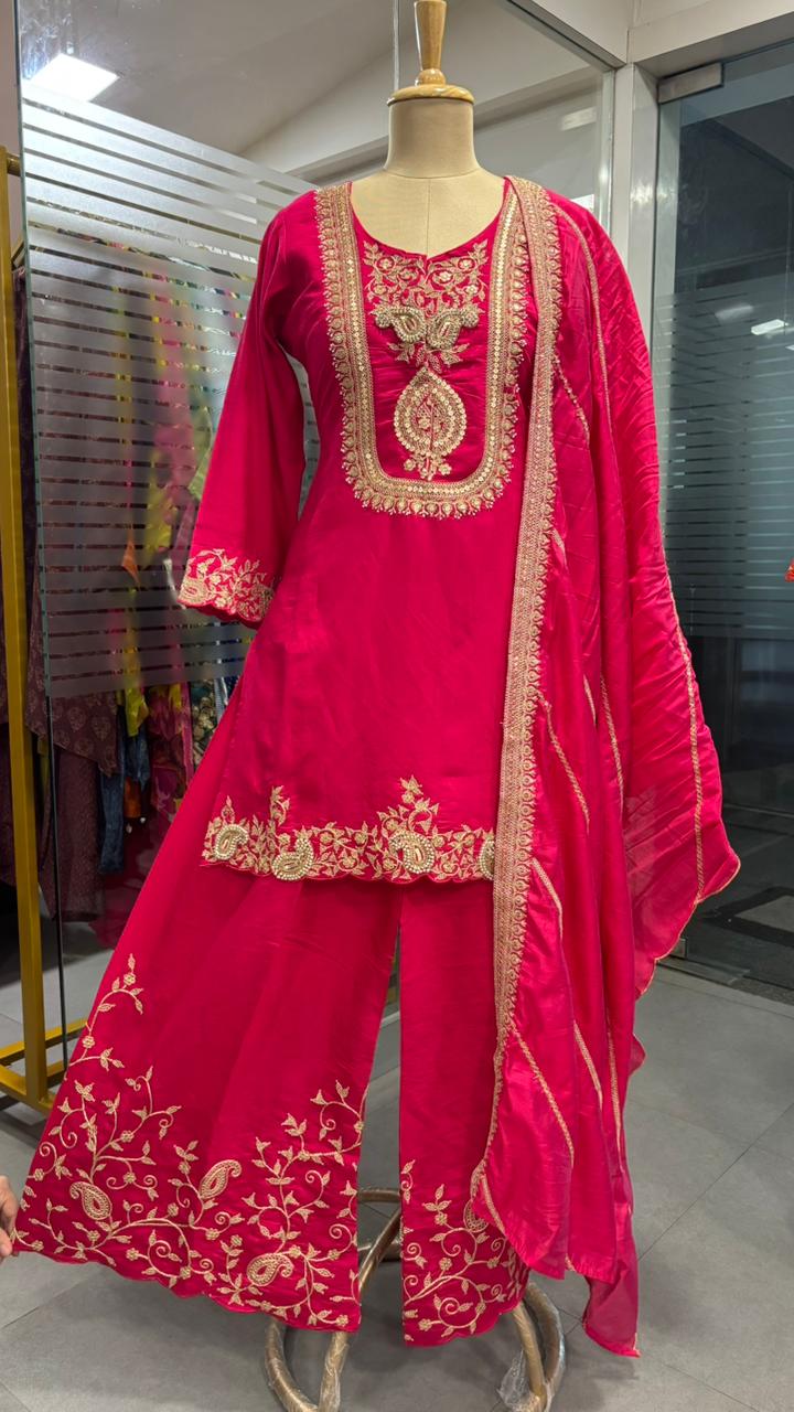 Silk Mulchanderi Beautiful Handwork Look Placement Yoke Full Suit Set With Dupatta & Worked Palazzo Bottom In Dola Silk Fabric- 11948, 11949, 11950