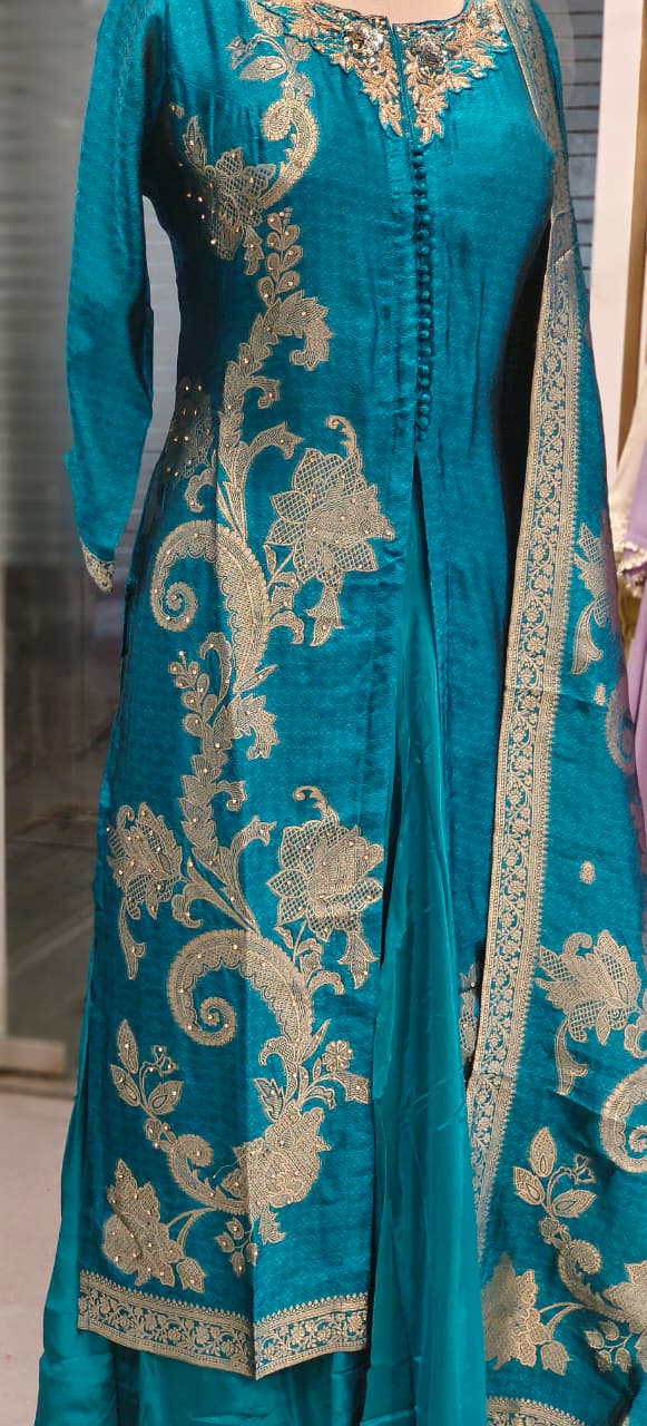 Beautiful Banarasi Silk Style Front Slit Kurta With Loose Palazzo Skirt Look Bottom and Dupatta