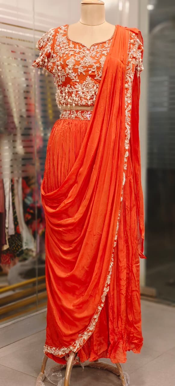 Sequin Embroidered With Heavy Pearl Tassel Blouse & Drape Skirt Saree Style Outfit