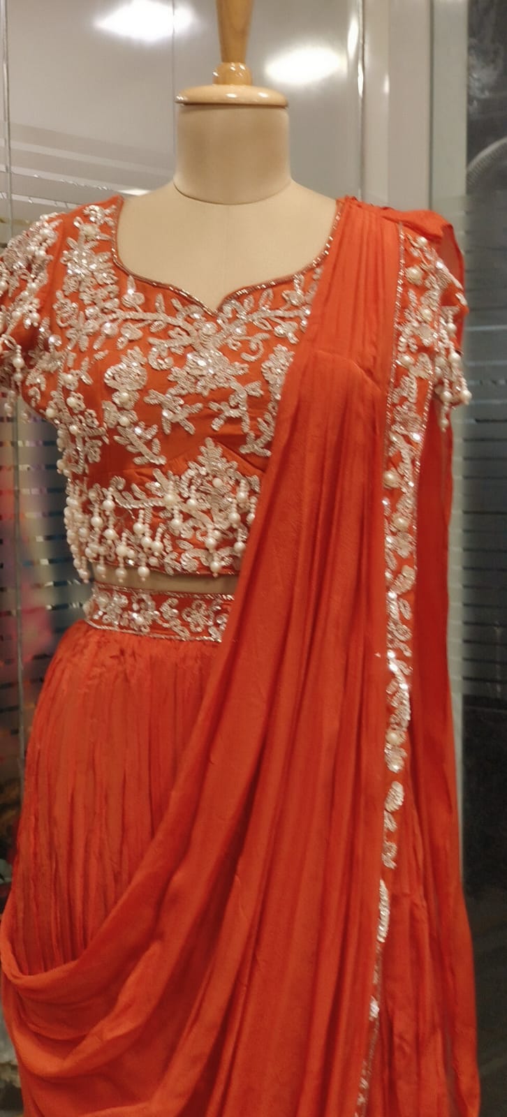 Sequin Embroidered With Heavy Pearl Tassel Blouse & Drape Skirt Saree Style Outfit