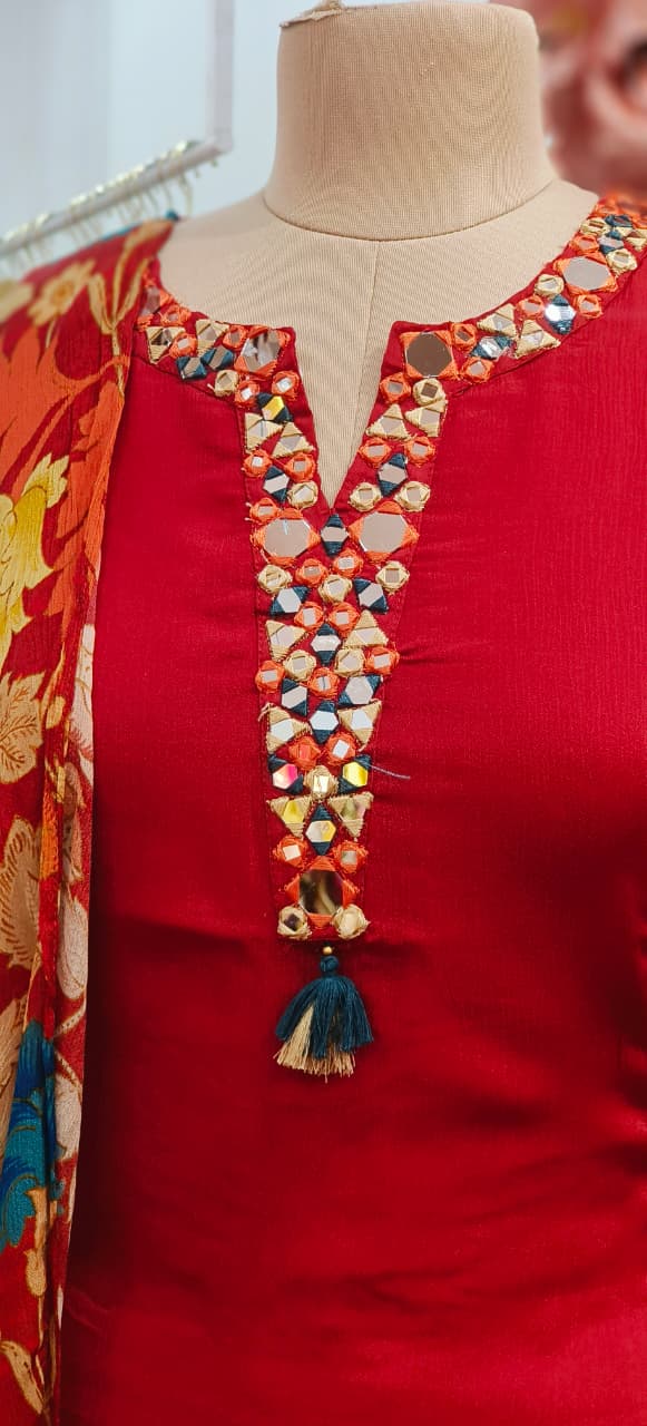 Real Mirror Over Thread Coil Neck A-Line Short Length Kurta With Farsi Bottom & Floral Dupatta In Chinon Fabric-1201,