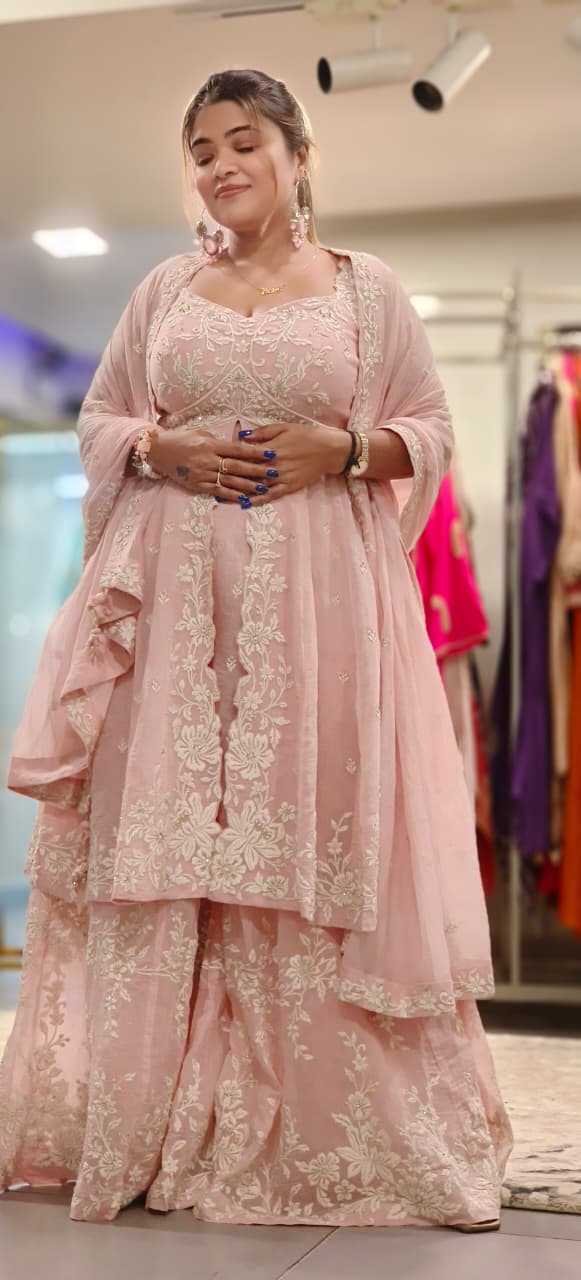 Elegant Thread Embroidery Padded Front Slit Sleeveless Peplum A-Line Kurta With Loose Palazzo Bottom & Dupatta- 12043