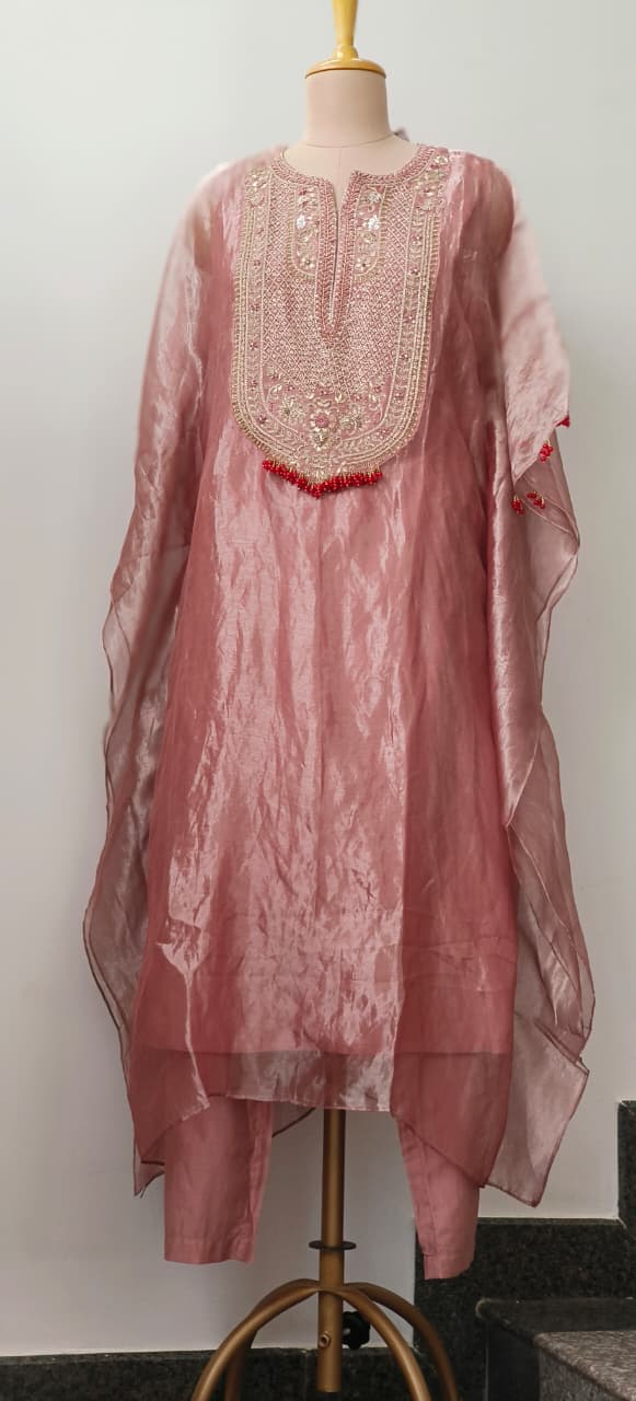 Premium Pure Tasselled Handwork Tissue Kaftan With Coordinated Inner & Bottom_12051