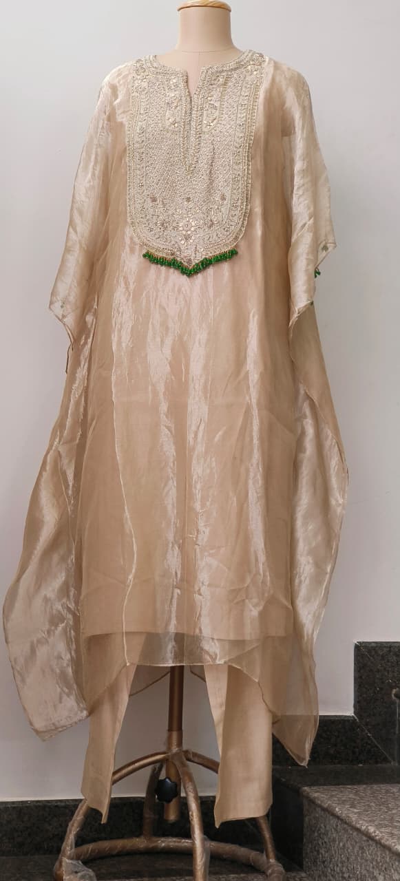 Premium Pure Tasselled Handwork Tissue Kaftan With Coordinated Inner & Bottom_12051