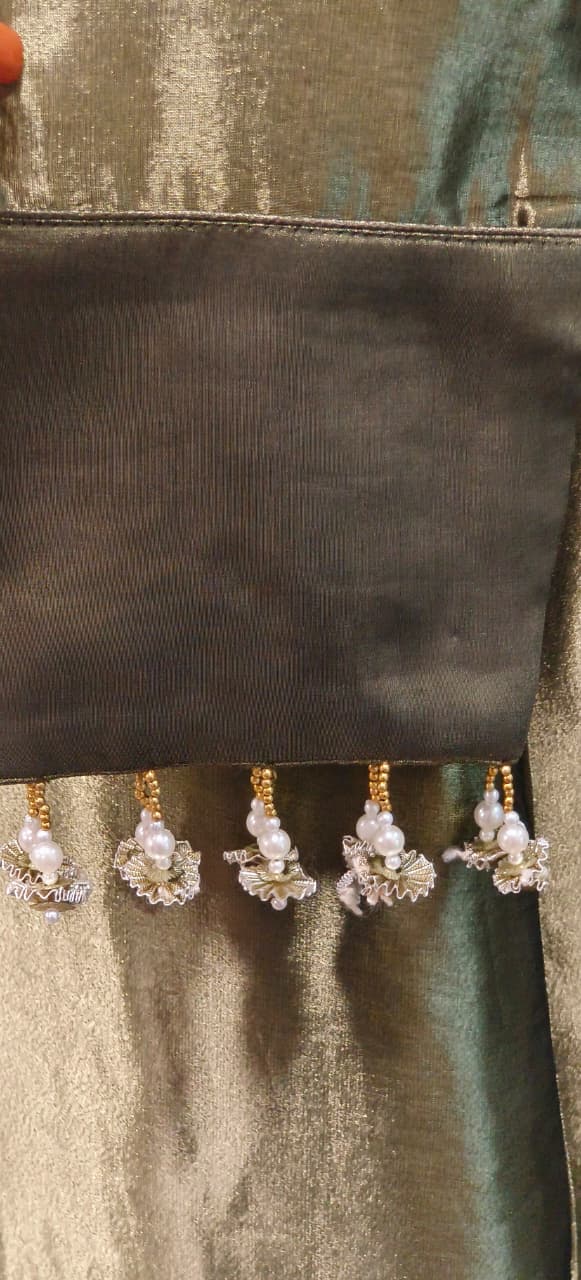 Rich Pure Tissue Fabric Kurta in Metallic Tone with Mirror and Thread Embroidery and Delicate Tassel Border