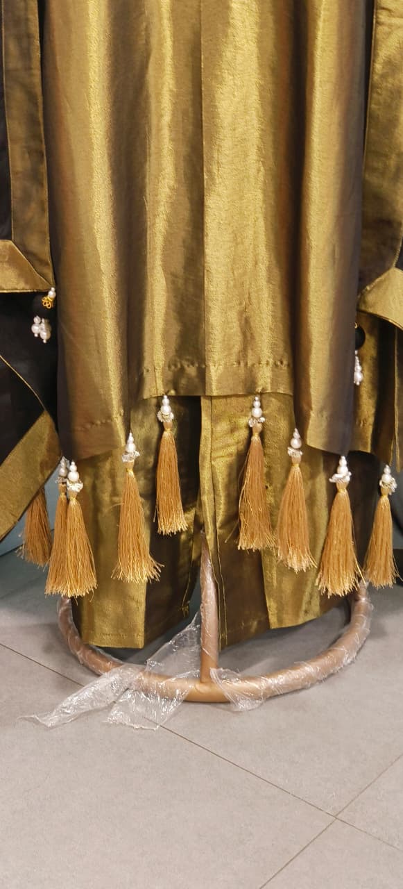 Rich Pure Tissue Fabric Kurta in Metallic Tone with Mirror and Thread Embroidery and Delicate Tassel Border