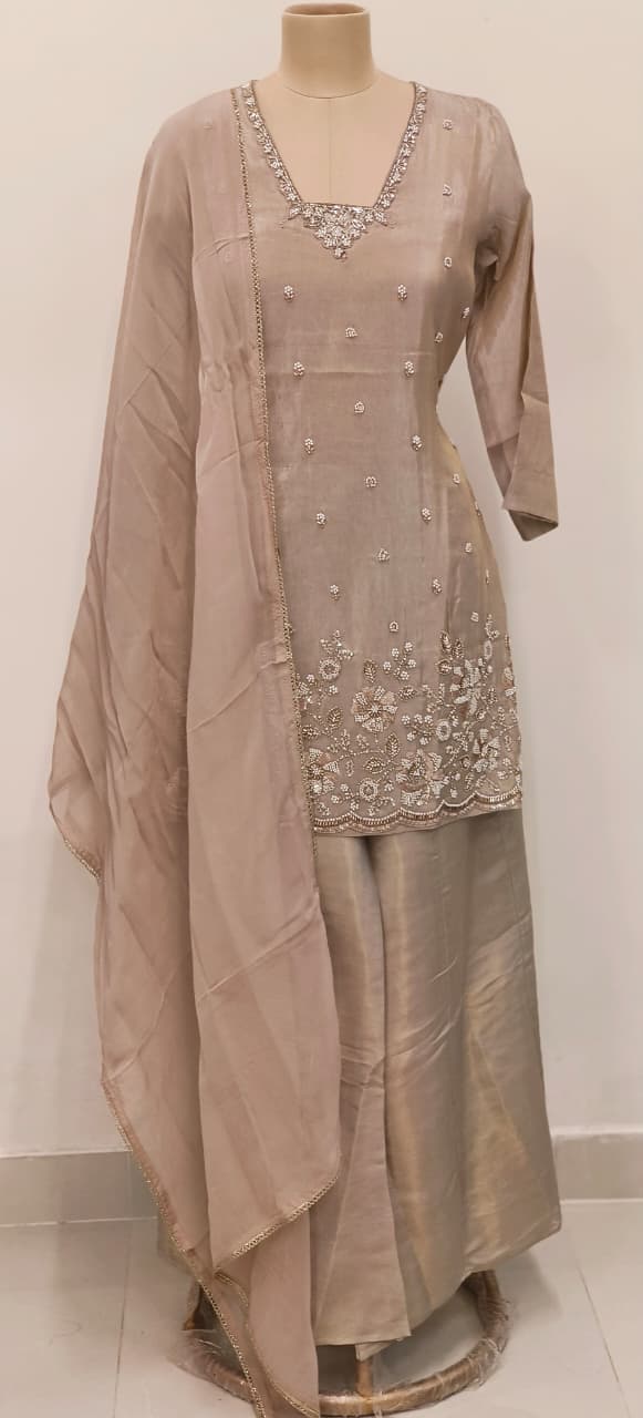 Premium Shimmer Tissue Fabric Partywear Kurta With Elegant Cut Dana Sequin Embroidery Kurta With Loose Bottom Full Suit Set-12128,27