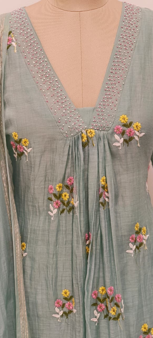 Graceful Floral Thread Embroidery V-Neck Stone Touch A-Line Full Suit Set With Dupatta In Mul Chanderi Fabric- 11833